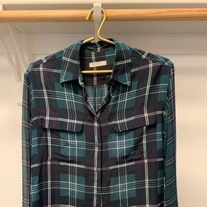 Equipment 100% silk plaid shirt blouse dark green